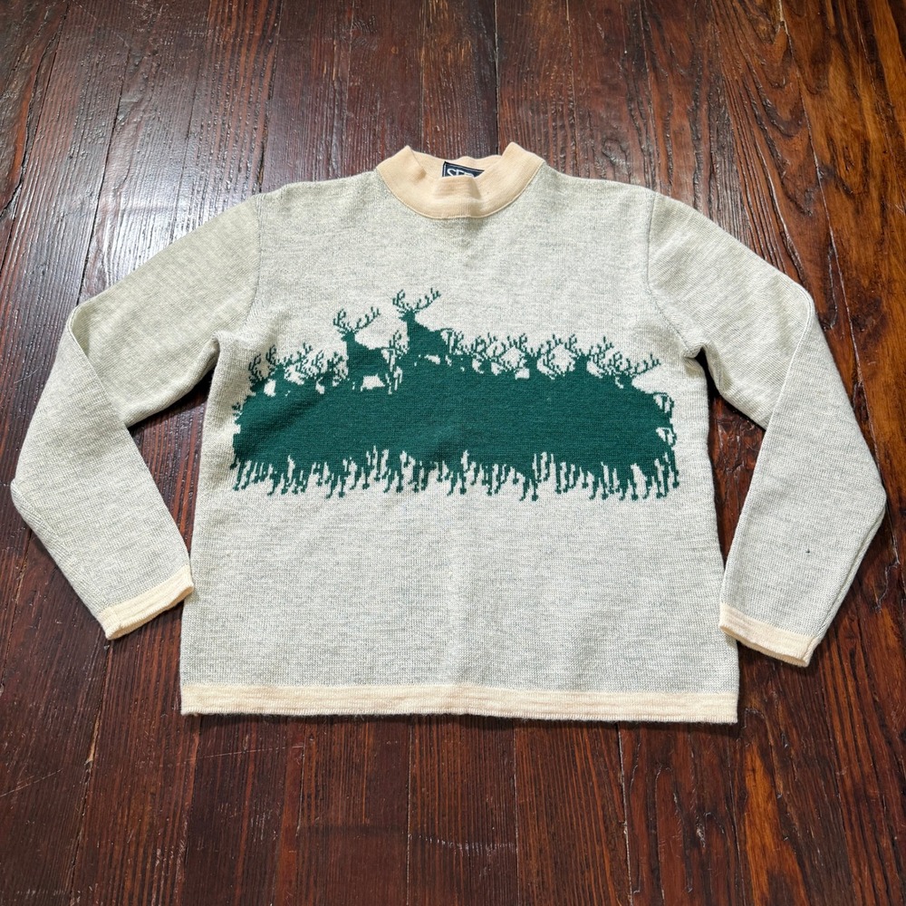 Vintage Serac Wool Sweater Womens L Cream Green Deer Intarsia Mock Neck USA